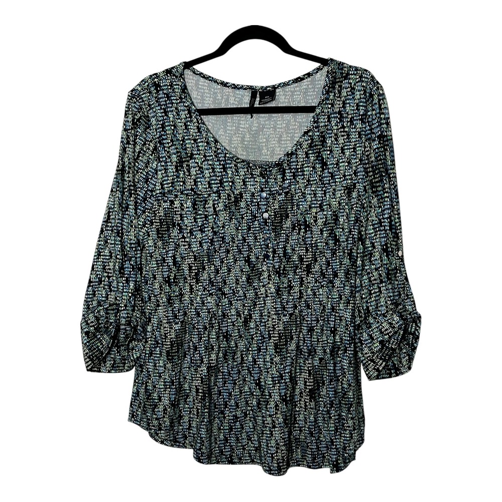 New Directions Petite XL Blue Green Abstract Roll Tab Sleeve Button‎ Front Top